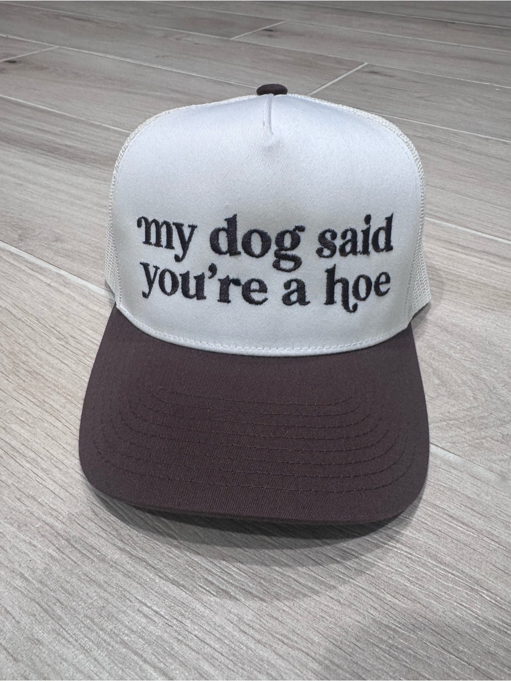 White and Brown Trucker Hat with Humorous Dog Quote